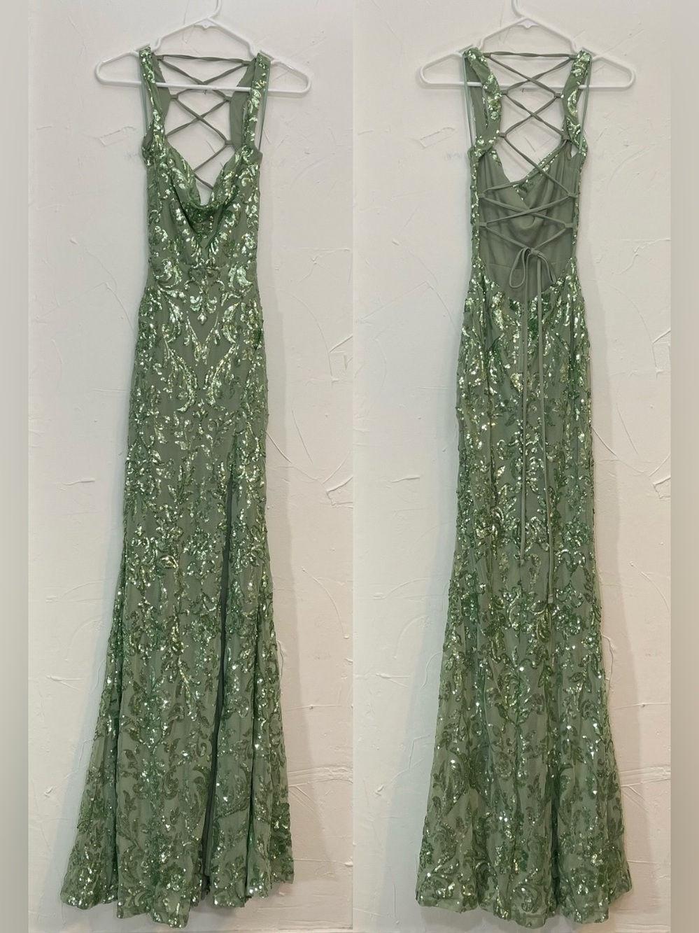 Windsor Sage Green Sequin Prom Gown with Lace-Up Back